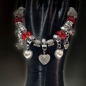 Elegant Silver and Red Heart Charm Bracelet